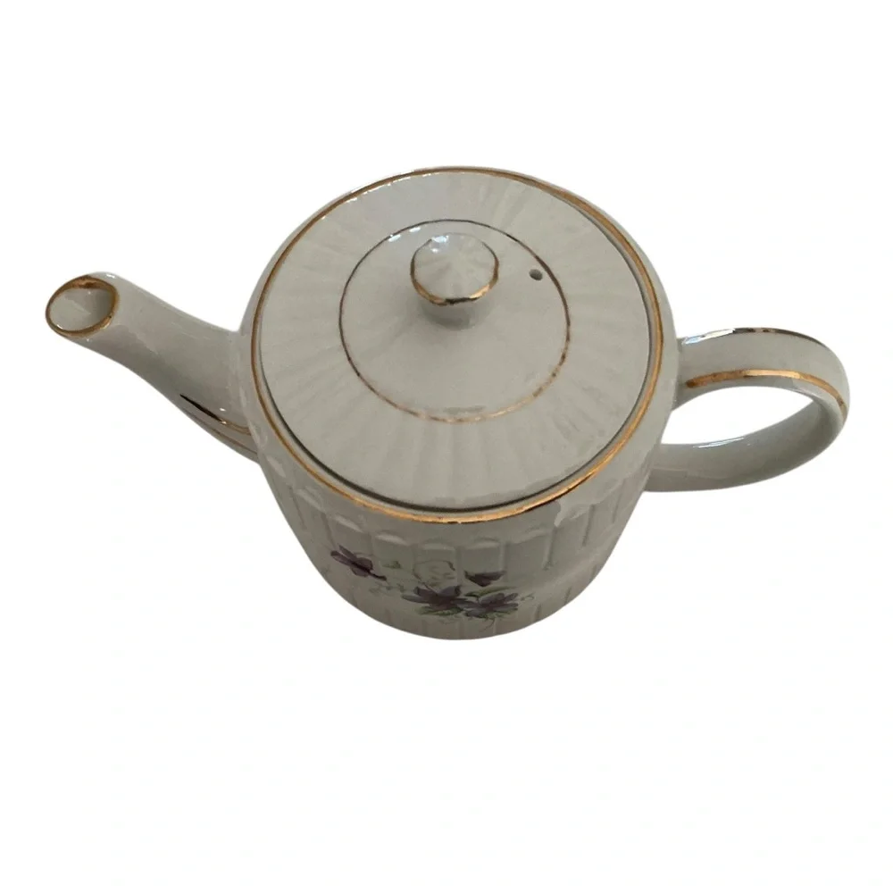 Vintage Ellgreave wood & sons ironstone teapot white with violets MCM England